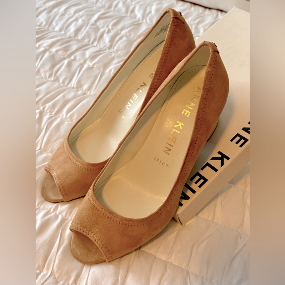 Anne Klein Suede Tan Peep Toe Heels